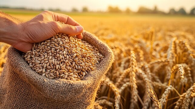 Harvesting wheat grains by hand in a golden field at sunset