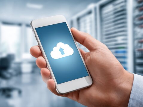 A person's hand holding a white smartphone displaying a cloud icon with an upload arrow in a modern office setting.