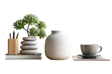 a minimalist composition of an office desk with a tablet, pen holder, and coffee cup on the right side isolated on a transparent background in PNG format.