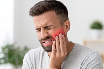Fototapeta premium A man holding his jaw in pain, with a red area indicating discomfort on his cheek.
