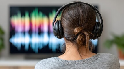 A person wearing headphones is watching a colorful sound wave equalizer displayed on a screen.