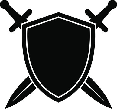 A black shield icon with two crossed swords on a white background Eps 10