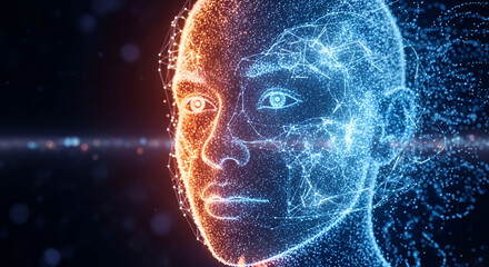 human face made of digital particles, with bright orange and blue neon lights, symbolizing artificial intelligence and future technology