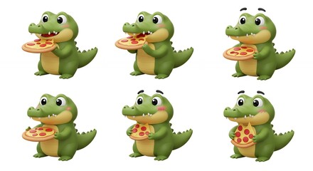 Obraz premium Cute crocodiles eating pizza cartoon illustration