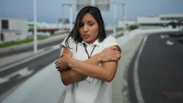 Woman shivering on an empty highway, captures the essence of cold, urban setting with a latin touch during a brisk outdoor moment.