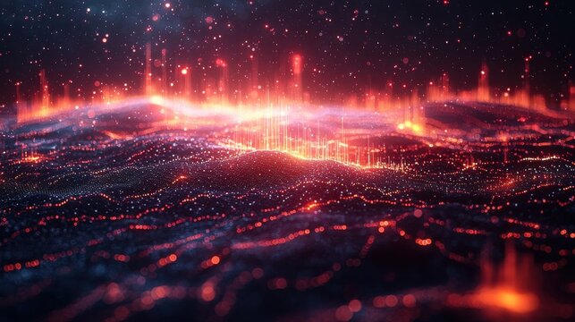 A dynamic tableau unfolds on a deep indigo canvas, where intricate digital charts and graphs, pulsating with data, illuminate the intricate world of stock market expansion, business investments, 