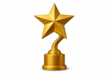 Golden star award trophy standing on a transparent background, representing achievement, recognition and success