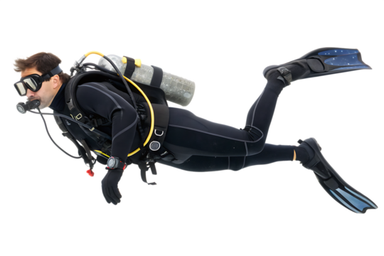 Man scuba diving sports isolated on white on AI generated by PNG