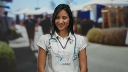 Smiling woman doctor wearing stethoscope standing outdoors in vibrant market street surrounded by blurred activity with a friendly expression and engaging disposition