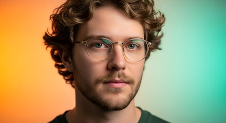 Obraz premium Close-Up Portrait of Young Man with Wavy Hair and Gold-Rimmed Glasses on Vibrant Orange-Teal Gradient Background 