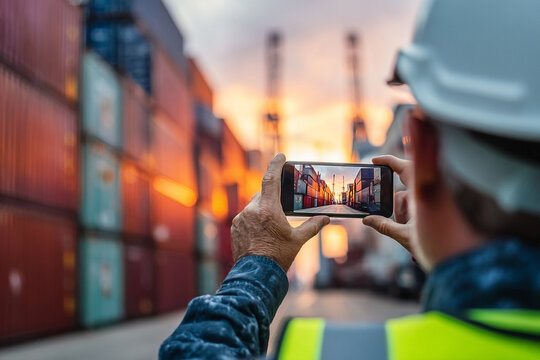 Capturing Commerce: Port worker photographs vibrant container yard at sunset - Powered by Adobe