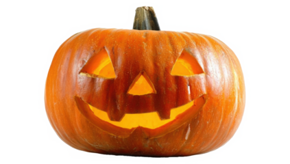 A classic carved halloween pumpkin with a scary face, glowing from within with warm light, isolated on a transparent background
