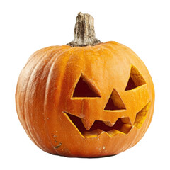 A classic carved halloween pumpkin with a scary face, glowing from within with warm light, isolated on a transparent background
