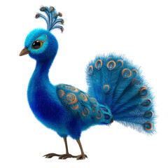 Obraz premium PNG of A vibrant blue animated peacock with intricate feather patterns, showcasing its beauty and charm in a playful pose.