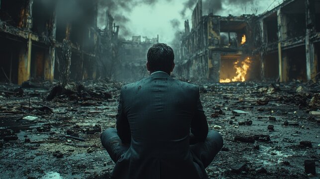A man in a suit, his shoulders slumped, sits amidst the ruins of a once-vibrant corporate office, the weight of his company's downfall pressing heavily on his weary soul,8k 