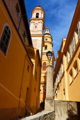 View of the emblematic churches on the top of the hill in Menton, South France
