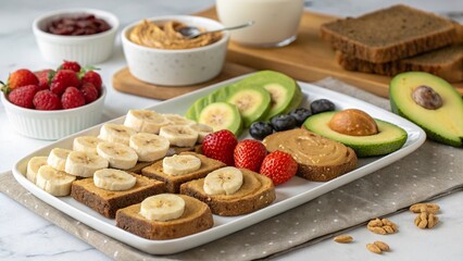 Easy to chew snacks for seniors featuring fruits, nut butter, and whole grain bread for a nutritious meal experience