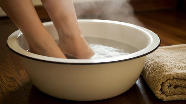 Woman soaking feet in a basin of hot water for relaxation and cold treatment