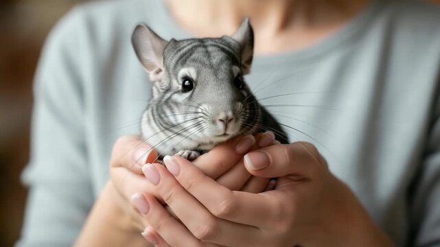 Woman holding a chinchilla in her hands with a loving expression