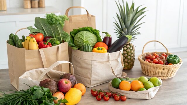 Freshly delivered locally grown fruits and vegetables on a kitchen counter ready for preparation and enjoyment