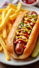 Classic American hot dog with fries and pickle, menu-style shot