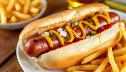 Classic American hot dog with fries and pickle, menu-style shot