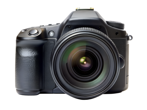 Black dslr camera with lens isolated on transparent background