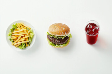 menu with beef burger, salad with next to it, drink and fries