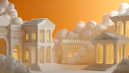 Whimsical, white architectural scene, soft orange light