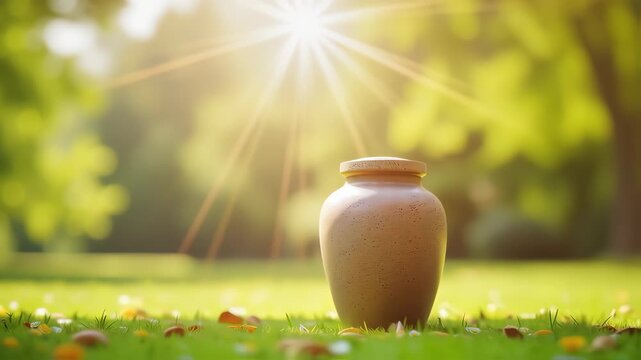 Remembrance urn on green grass in sunlight. Simple brown urn sits in peaceful garden setting.  Peaceful remembrance concept for funeral services brochures.