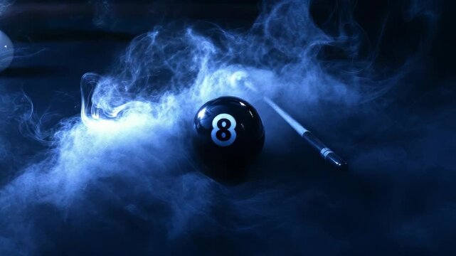 A black 8 ball is on a pool table with smoke coming from it. The image has a mood of mystery and intrigue