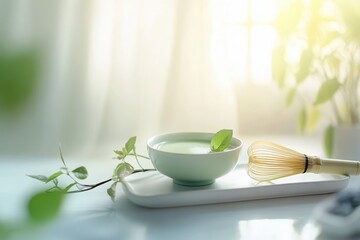 Matcha tea bowl with whisk and green leaves on a bright table  