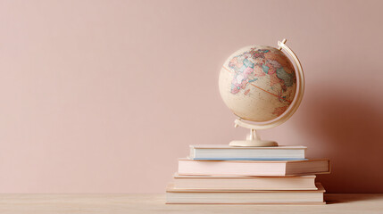 Flat lay of globe and stacked blank books on pale pastel backdrop with soft even lighting, cute clean minimalist educational setup