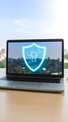 Fototapeta premium Laptop displaying security shield graphic