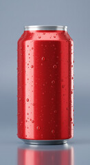 Glossy red soda can standing on cool gradient background with subtle condensation drops