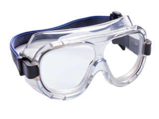 Clear safety goggles with a blue strap isolated on transparent background
