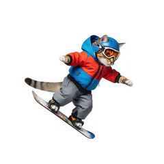 Feline snowboarder in action captures thrilling winter sports moment with dynamic snowboarding pose transparent background