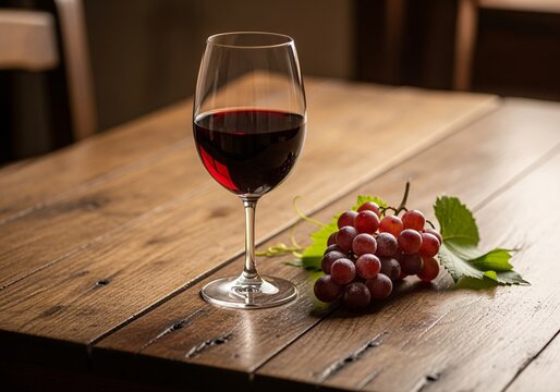 A glass of red wine stands beside a bunch of red grapes with green leaves, placed on a rustic wooden table. - Powered by Adobe