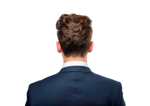 Man in suit from behind on transparent background, PNG