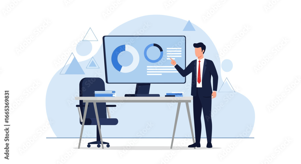 Poster a businessman presenting data analytics on a large screen in office setting