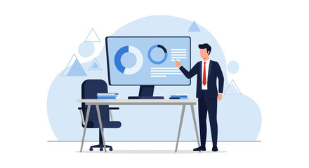 A Businessman Presenting Data Analytics on a Large Screen in Office Setting