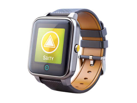 Smartwatch with a warning icon and text on screen, isolated on transparent background - Powered by Adobe