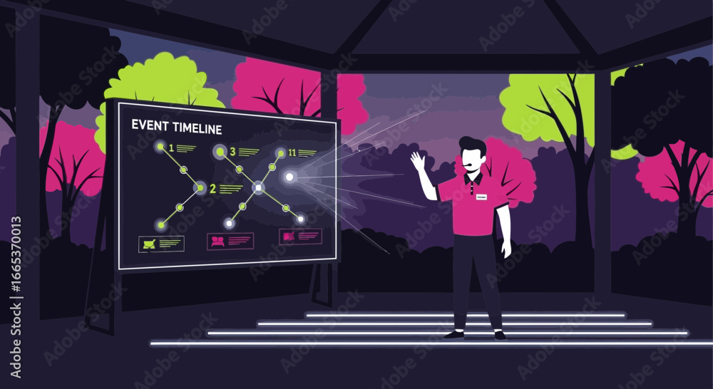 Poster a presenter explaining an event timeline at an outdoor event in a park setting