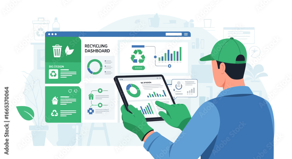 Poster a worker monitoring recycling data on a tablet, using recycling dashboard application for