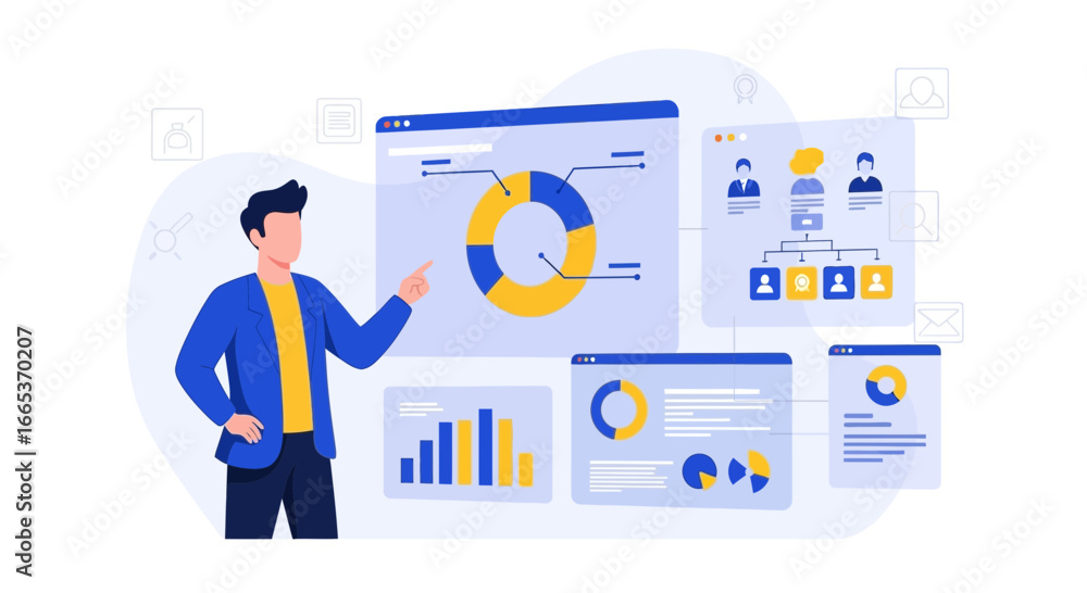 Poster analyzing business data using charts and diagrams for strategic decision making analysis
