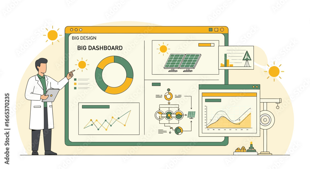 Aufkleber analyzing solar panel data on a dashboard interface with scientist illustration
