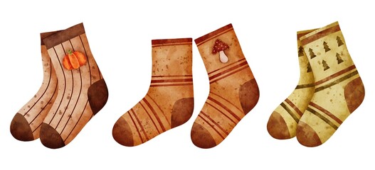Watercolor illustration of three pairs of autumn socks with pumpkin, mushroom and tree patterns on a white background. Perfect for stickers, cards, prints and seasonal cozy projects.