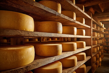 Fototapeta premium Aged cheese wheels maturing on wooden shelves in a traditional cellar