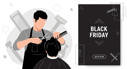 Black Friday barber promotion showcasing haircut services with a professional stylist