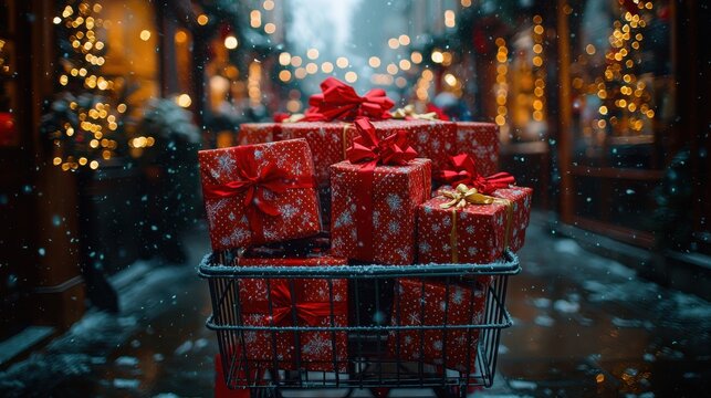 A vibrant Christmas shopping scene unfolds, where a overflowing shopping card bursts with a symphony of gift boxes, each adorned with a festive red bow. Inside the trolley, a toy cart awaits, 